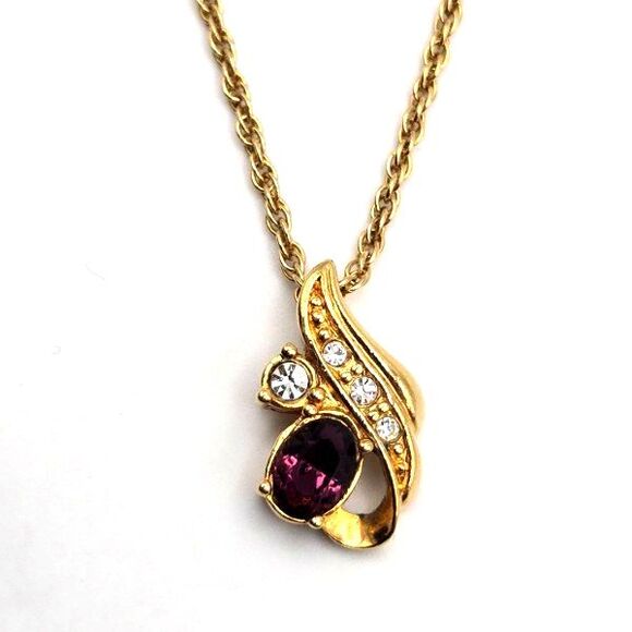 Vintage Avon Goldtone Chain and Pendant Purple and Clear Rhinestones Necklace - Picture 2 of 6